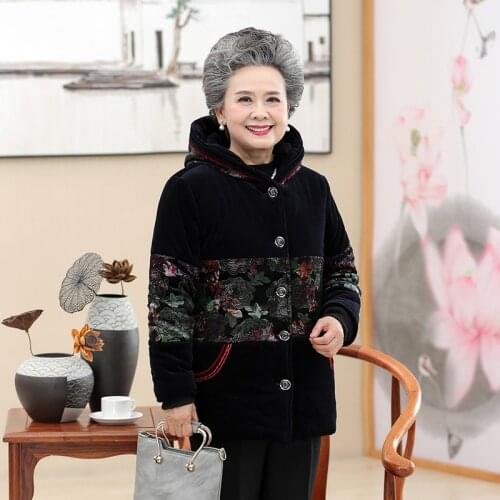 Corduroy Grandmother Cotton Jacket Plus size 5XL Winter Middle-aged Warm Print Hooded Coat Casual Female Basic Jacket Tops