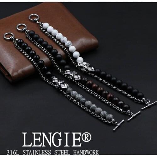 OT Clasp Retro Stainless Steel Cross Chain Bracelet 8MM Natural Stone Map Tiger Eye Beaded Bracelet For Men Women Jewelry Gifts