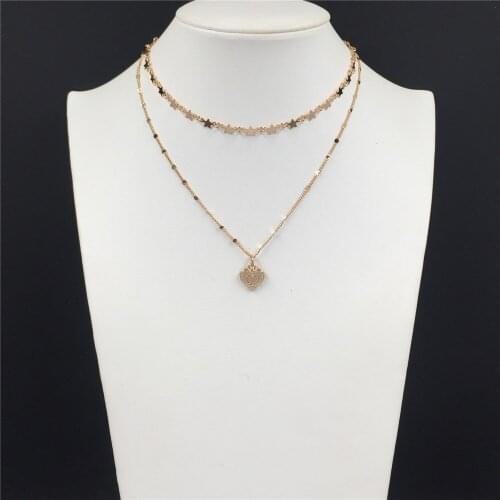 Romantic Gold Color Plating Heart Pendant with Star Chain Layered Necklace For Women Girl Pretty Party School Lovely Jewelry