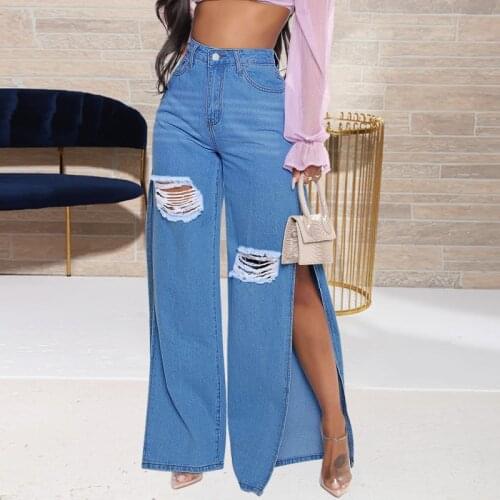 Sexy Hole Jeans Women Stretch Split Wide Leg Denim Flare Long Pants Spring Autumn New High Street 2021 Blue Ladies Fashion Club