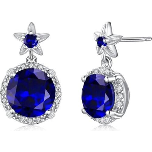 Szjinao Classic 100% Real Silver Women Earrings With Round Shape Blue Sapphire Gemstones Elegant Lady Party Wholesale Gift 2020
