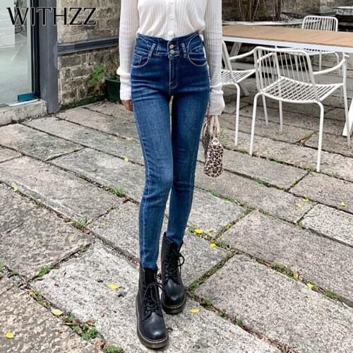 WITHZZ Spring Autumn Women Skinny Pencil Pants Stretch Dark Blue Denim Casual Two Button High Waist Female Jeans