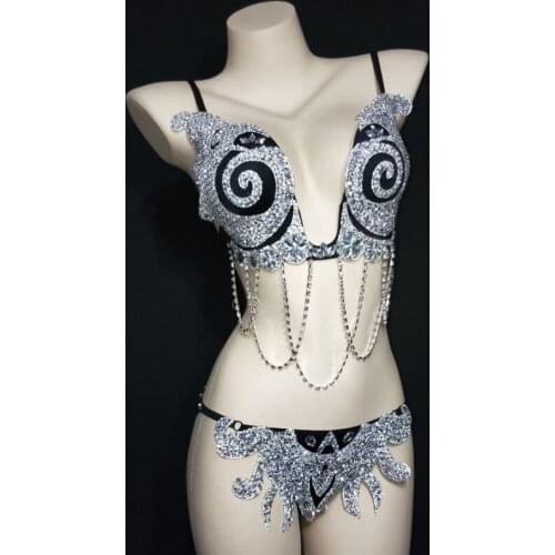 Sexy Pole Dance Costume Silver Black Rhinestone Women Model Chain Bikini Set Nightclub Dancer Team Costume