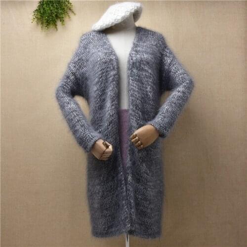 Female women clothing Autumn Winter hairy mink cashmere knitwear long sweater cardigans angora fur jacket coat jersey robe pull