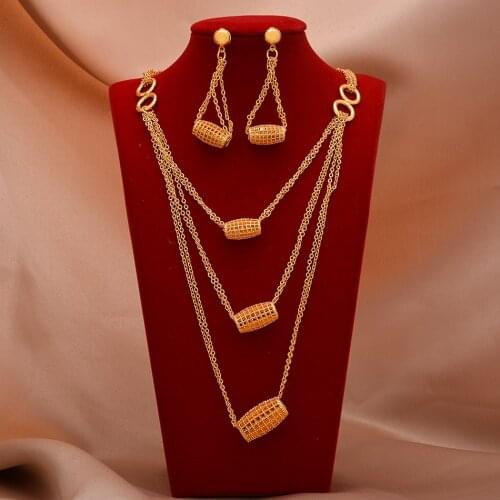 24K Dubai Gold Color Jewelry Sets For Women African India Party Wedding Necklace Pendant Earrings Jewellery Set Engagement Gifts