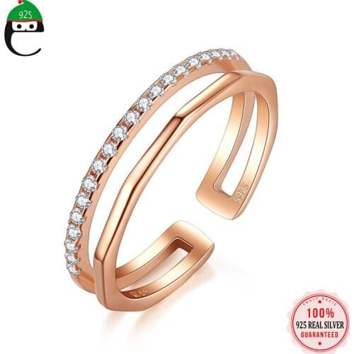 ElfoPlataSi 100% Real 925 Sterling Silver Shiny CZ Opening Ring Double Layer For Women Wedding Party Fine Jewelry Gift L221