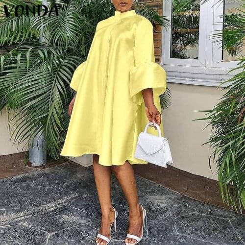 Women Elegant Cocktail Party Dress 2021 VONDA Summer Sundress Holiday Summer Stand Collar Vestido Oversized Robe Femme