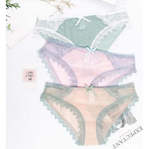 Wasteheart Women Fashion Cotton Lace Mesh Bow Low Waist Sexy Panties Underwear Lingerie Women Briefs 3 Piece 3 Color Underpant
