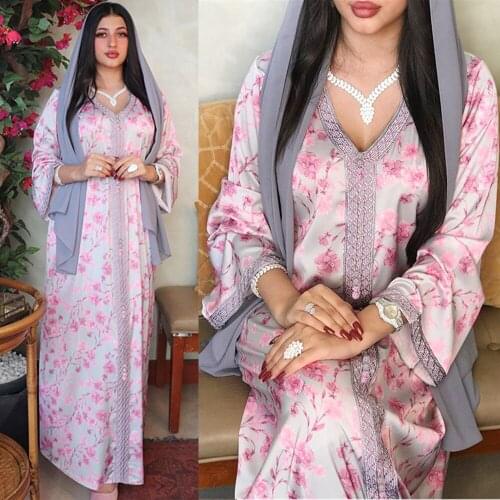 Muslim Women Dubai Arabic Abaya Floral Print Hijab Dress Ethnic Long Sleeve Maxi Robe Gown Middle East Ramadan Islamic Clothing