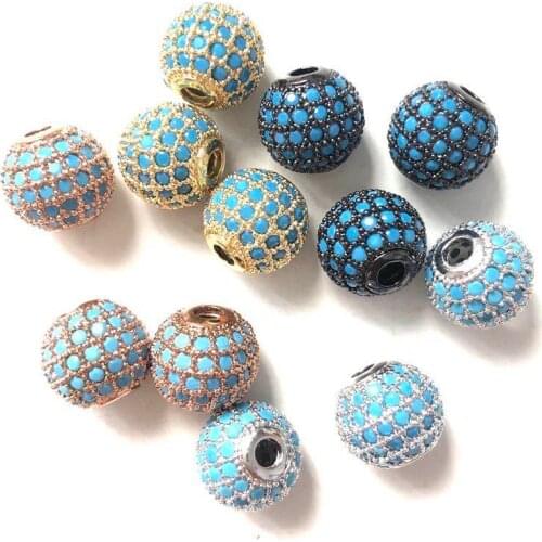10pcs/lot 10mm Turquoise Disco Bead for Men Bracelet Making Rhinestone Micro Pave Gold Silver Brass Ball Spacer Jewelry Material