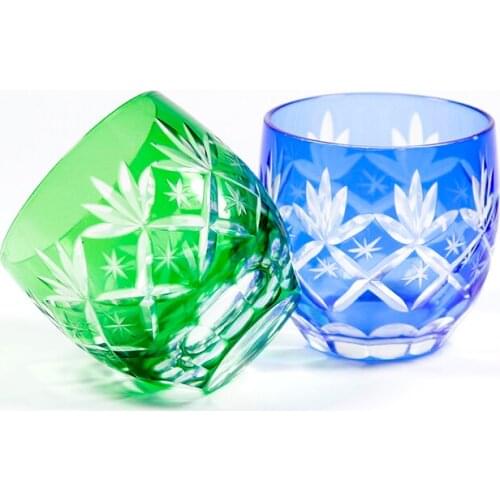 Hand Cut Colored Glasses Shochu Sake Whiskey Shot Glass Tumbler Blue Red Handcraft Set of 2 pieces