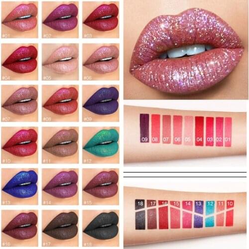 2021 18 Color Glitter Lipstick Make Up Diamond Shiny Lip Gloss Waterproof Long Lasting Makeup Tint Green Shimmer Liquid Lipstick