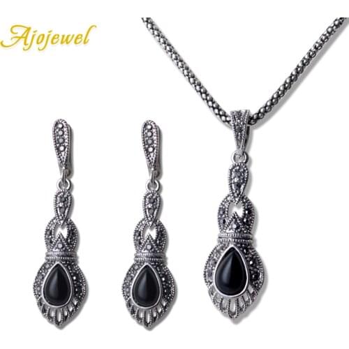 Ajojewel Water Drop black/Orange Resin Vintage Long Earring Necklace 2 pieces Jewelry Set Eco-friendly Copper Bijoux Party Gift