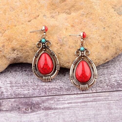 Amader Ethnic Womens Water Drop Shape Blue&Red Stone Stud Earrings Bohemian Gold Indian Earrings Tibetan Jewelry HQE982