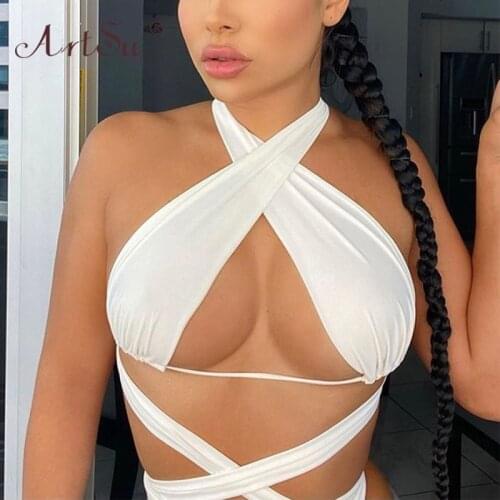 ArtSu Halter Sexy Multiway Bandage Wrap Crop Tops Women Fashion Cut-Out Tank Top Cropped Feminino Club Streetwear