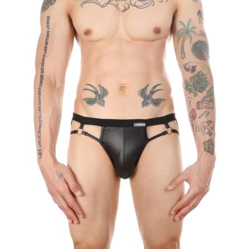 Hollow Briefs Men Sexy Underwear Jockstrap Penis Pouch Imitate PU Faux Leather Underpants Mens Black Backless Breathable