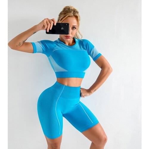 Seamless Yoga Set Women Gym Workout Clothes Fitness Sports Suits Short Sleeve Top High Waist Shorts Running Sportswear Clothing