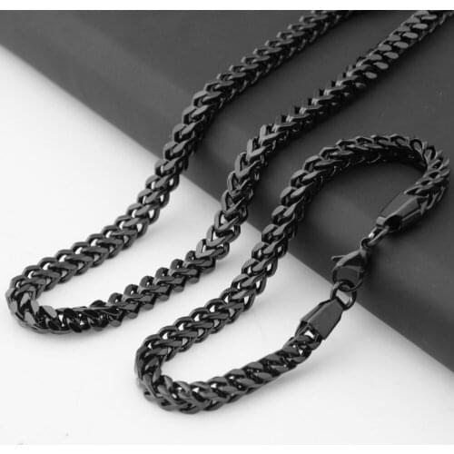 New Arrive Black Color 316L Stainless Steel Box Figaro Chain Mens Boys Necklace 24" And Bracelet 9.44" Jewelry Sets High Quality
