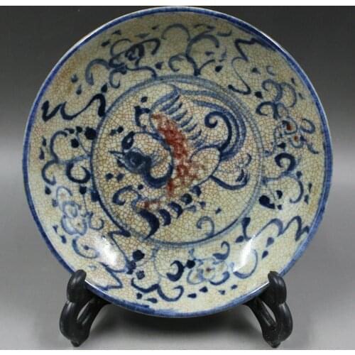 Chinese Old Marked Underglaze Blue And Red Phoenix Pattern Porcelain Plate