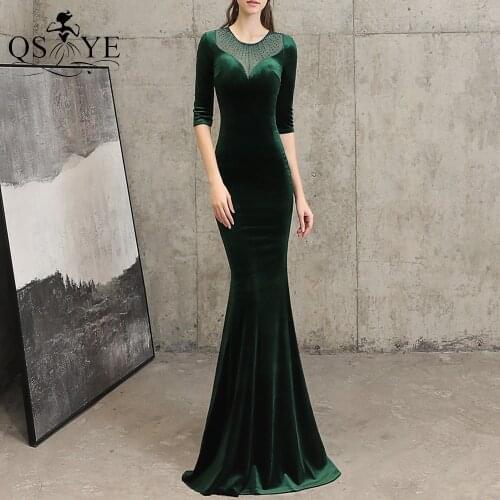 Emerald Velvet Evening Dress Mermaid Sequin Neck Evening Gown Elegant Long Sleeves Party Dress Hot Drill Fit Green Formal Gown