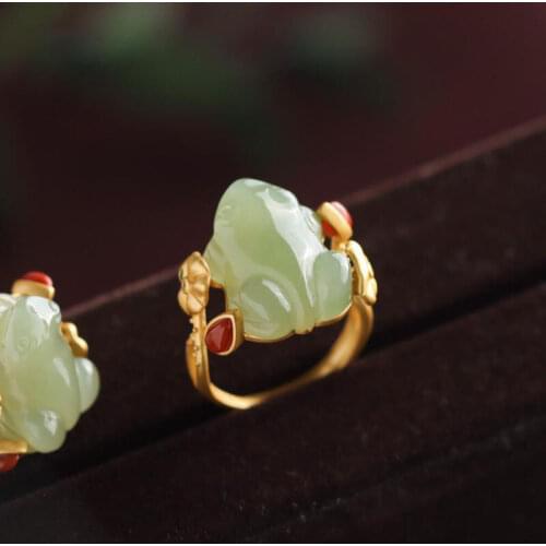 Lucky Frog Ring Natural Hetian Jade Gray Jade Open Ring S925 Sterling Silver Gilding Lotus Leaf Ring Ornament