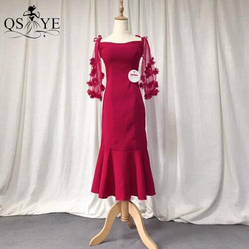 Red Short Prom Dresses Sheath Long Sleeves Evening Dress Off Shoulder Formal Dress 3D Flowers Party Gown Modest Celebrity Gown