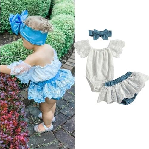 0-18M Summer Princess Baby Girls Clothes Sets 3pcs Lace Floral Off Shoulder Romper Tops Shorts Headband