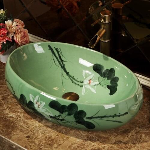 Lotus Ceramic Painting Art Lavabo Bathroom Vessel Sinks ceramic wash basin bathroom sink oval green