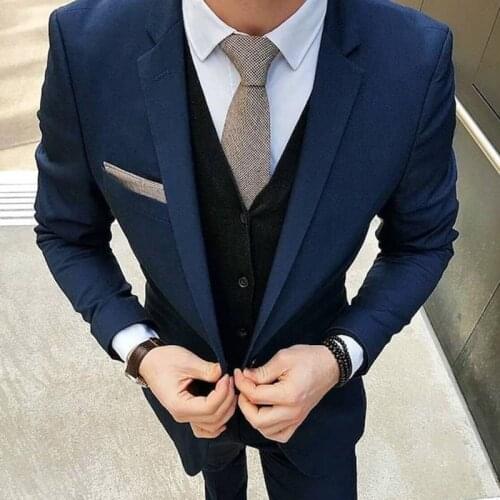 Fashion Handsome High Quality Dark Blue Men Suits Slim Wedding Groomsmen For Business Casual Mens Clothing (Jacket+Pants+Vest)
