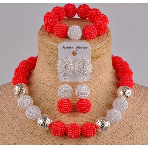Flash red and white nigerian beads african necklace set women costume jewelry set FZZ09-10