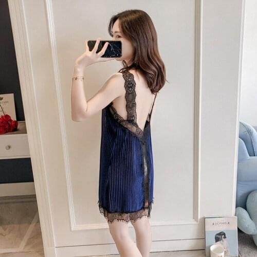 Women Velvet Nightgown Sleep Lounge Ladies Sexy Lingeries Lace Trim Backless Night Dress Sleepwear Babydoll Nighty Home Clothing