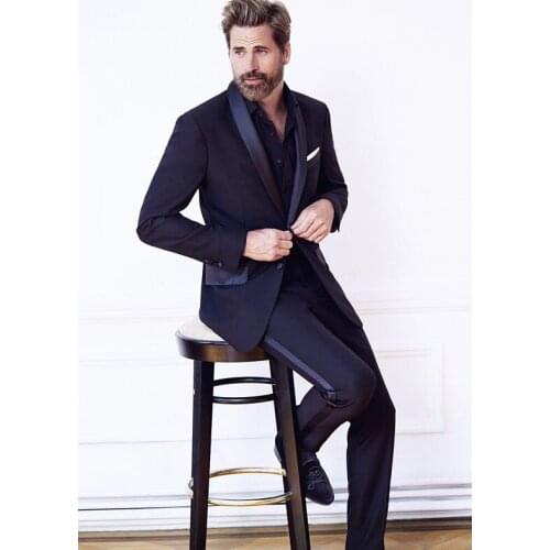 New Arrival Groomsmen Navy Blue Groom Tuxedos Shawl Satin Lapel Men Suits Wedding Best Man Blazer ( Jacket+Pants+Tie ) C530