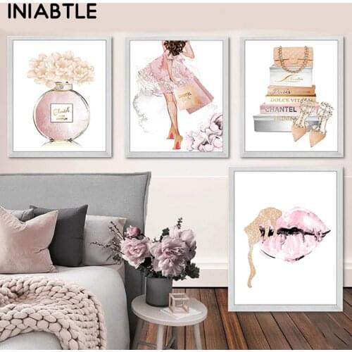 Pink Flower Perfume Bottle Lips Posters Prints Fashion Wall Art Makeup Picture Canvas Painting Modern Woman Girl Room Home Decor