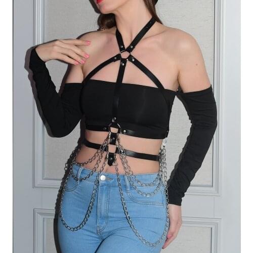 CYX-KQ Waist Garter Chain Women Chest Harness To Neck Sexy Bondage Lingerie Wedding Garters Bridal Leather Gothic Harness Belt