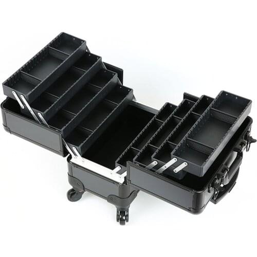 Luxury Professional Makeup Manicure Folding Suitcase Wheels Pink Aluminum Luggage Storage Case Full Beauty Artist Cosmetic Box