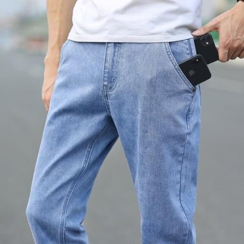 Blue Gray Anti-Theft Zipper Fashion Jeans MenS Business Casual Stretch Straight Slim Slim Pants Male Branded Denim Trousers