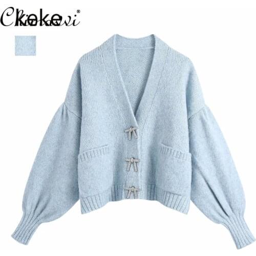 Bow Rhinestone Sweater Knitted Cardigan Womens Sweet Blue Lantern Sleeve Sweater Female Long Sleeve Casual Cropped Sweater