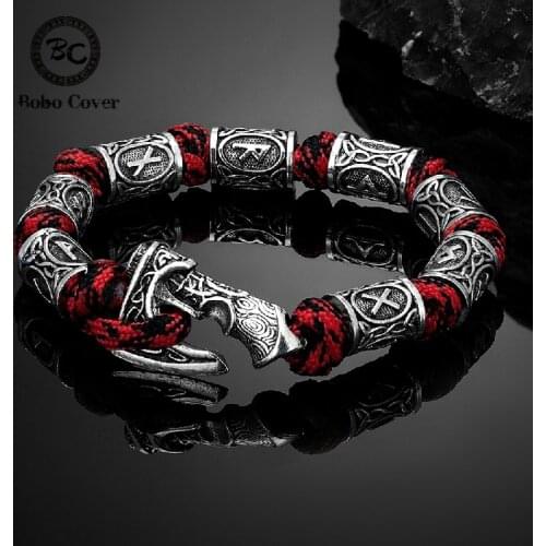 Norse Vikings Axes Wrap Bracelets Men Mjolnir Hammer Camping Paracord Survival Rope Wristband Amulet Handmade Male Jewelry Gifts