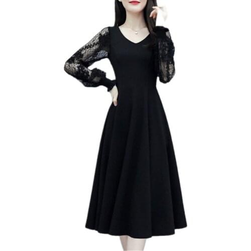 YAGENZ Spring Dress Women Lace Dress Lantern Sleeve Vestidos V neck Plus size Dress Casual Black Dresses Vestidos De Verano 684