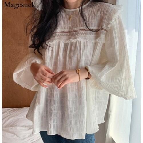 Korean Hollow Lace Chiffon Shirt Summer Loose Round Neck Womens Blouse Lantern Sleeve Tassel Stitching Pleated Top Women 15357