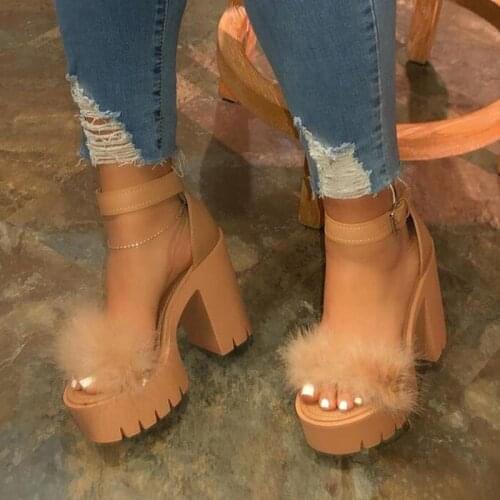 Hot Woman Furry Sandals High Heels with Fur Female Platform Pumps Women Ankle Strap Womens Wedge Shoes 2021 Summer Dropshipping