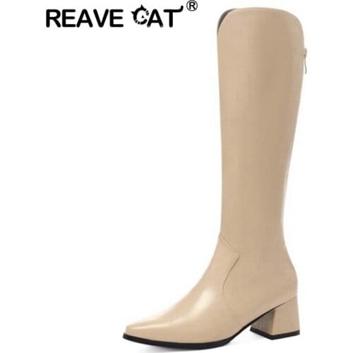 REAVE CAT 2021 Autumn Women Boots Pu Leather Pointed toe Zipper Knee Boots Winter Cowboy Boots Fashion Western Boots Woman Denim