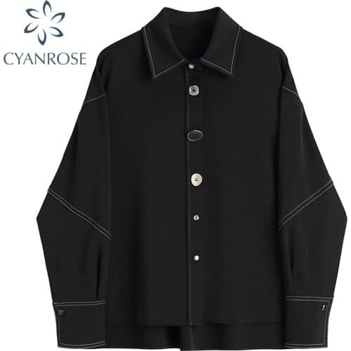 Cardigan Black Blouses Or Tops For Woman Chic Buttons Lantern Long Sleeve Lapel Shirts 2021 Oversized Streetwear Ins Retro Tops
