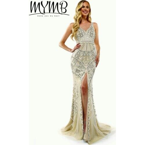 2021 Luxury Beading Tulle Girls Party Dress With Split MYMB Champagne Evening Dress For Women 2021 Elegant MY21124