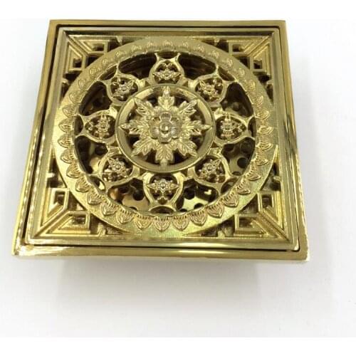 10*10cm Bathroom Antique Gold Plated Floor Drain Strainers Deodorant Core, Floor Drains Golden Filter Covers Carving Style