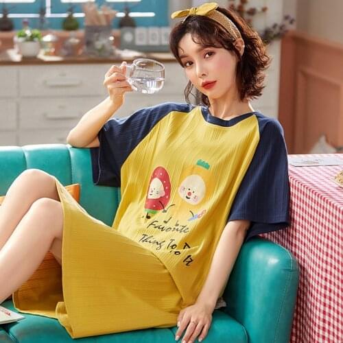 2021 Womens Nightie Cartoon Print Cotton Night Wear Summer Loose Nightgowns Sleepwear Sexy Nightwear Plus Size Home Sleep Dress