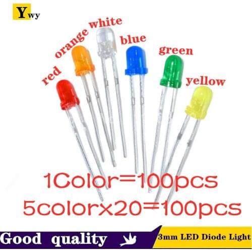 5 Colors*20PCS=100PCS / 1Color=100pcs F3 3mm LED Diode Light Assorted Kit Green Blue White Yellow Red COMPONENT DIY kit