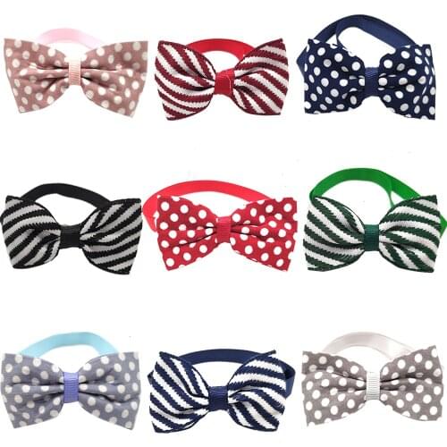 50Pcs Pet Dog Bow Tie New Design Two Style Dots And Stripe Mix Handmade Dog Collar Tie Adjustable Strap Pet Grooming Accessories