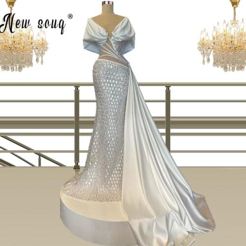 White Puffy Sleeves Evening Dress Mermaid for Black Girl 2021 Rhinestones Beaded African Women Formal Graduation Party Gowns