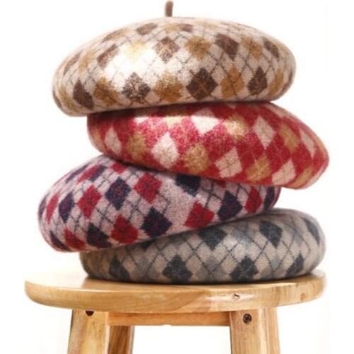 Beret Women Winter Hat Wool Plaid Beanie Warm Autumn Snow Skiing Outdoor Accessory For Female